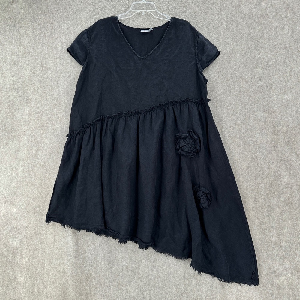Cheyenne 1X Black 100% Linen Asymmetrical Raw Hem Ruffle Tunic Dress Lagenlook